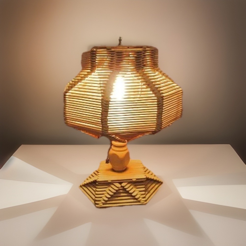 Vtg Tramp Art Popsicle Stick Table Lamp And Shade Wired Wood Handmade 15.5"